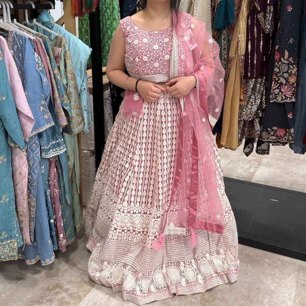 Elegant Pink and White Embroidered Lehenga Dress